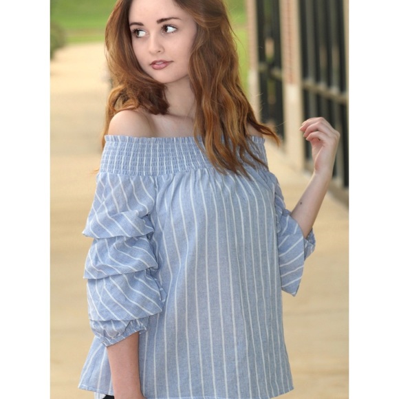 **NWT She and Sky Bow Front Detail Puff Sleeve Stripe Off the Shoulder Shirt - Picture 3 of 9